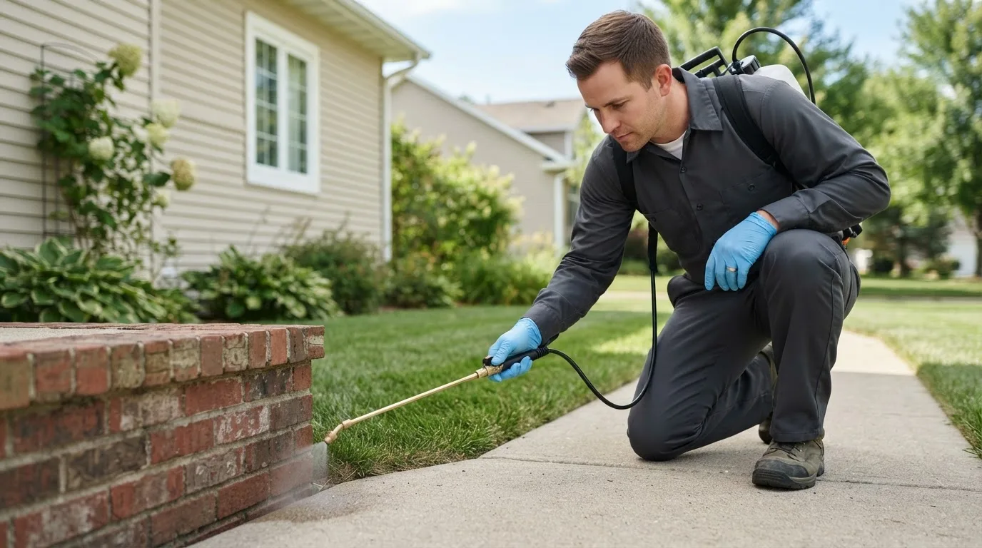 Pest control technician treating a home near New Cambria, KS